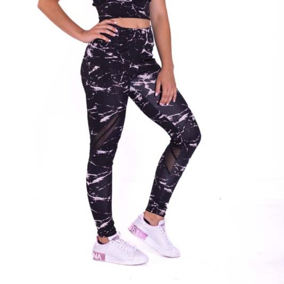 High-Waisted & Mash Panel Gym and Yoga Leggings with Side Pockets Marble Black - Picture 1 of 7